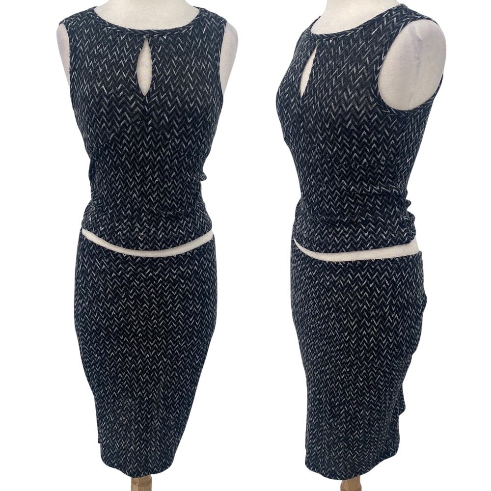 Vintage 90s Rampage Knit Skirt Set Chevron Pattern Metallic Black Small/ Medium